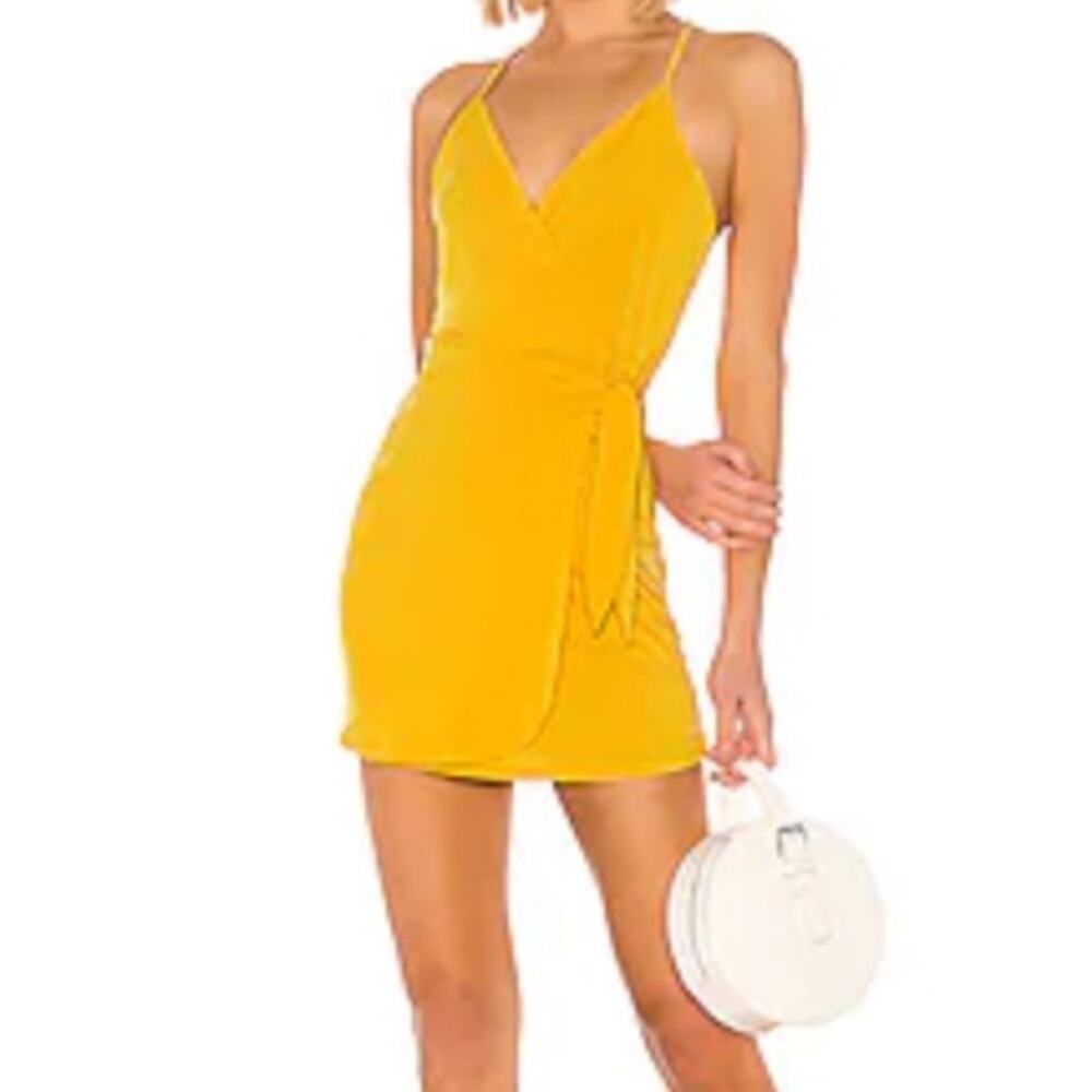 BCBGeneration dress size L spaghetti strap sleeveless faux wrap mini yellow NEW